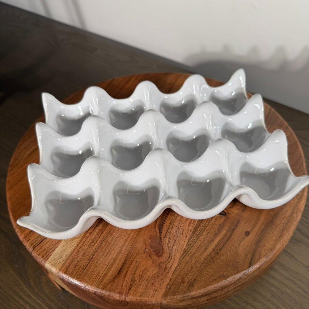 White Ceramic Egg Holder Tray | Farmhouse Kitchen Decor | 12 Egg Storage